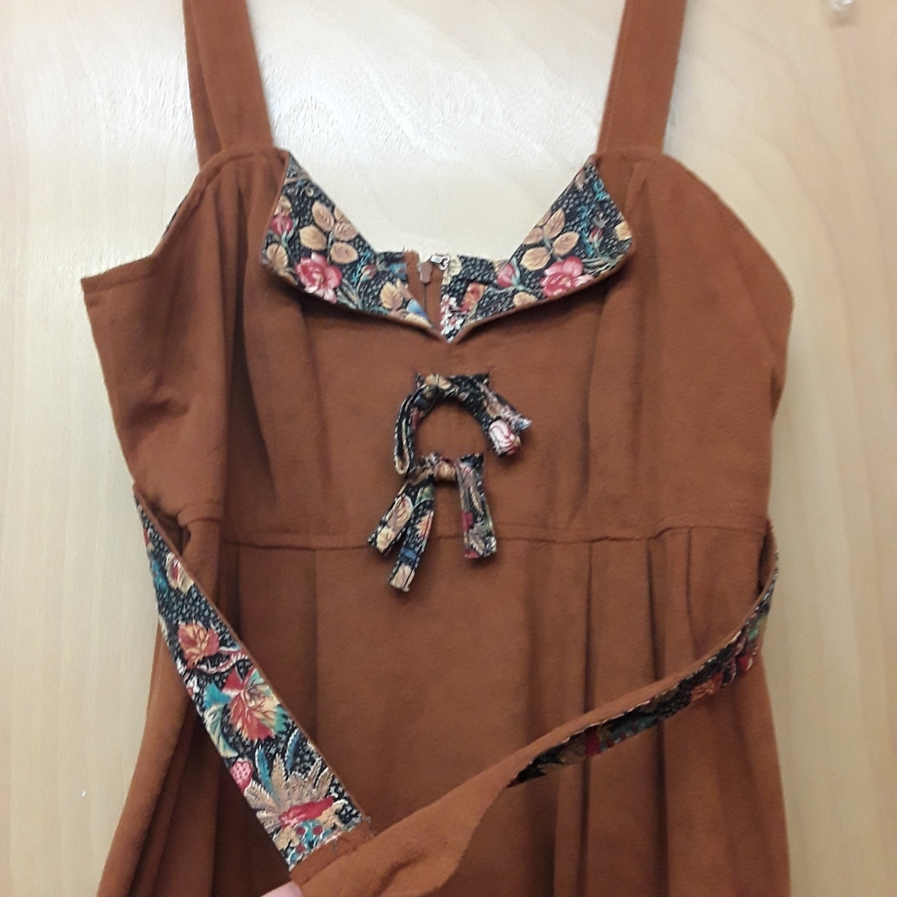 Brown Suede Boho Cottage Bow Dress S